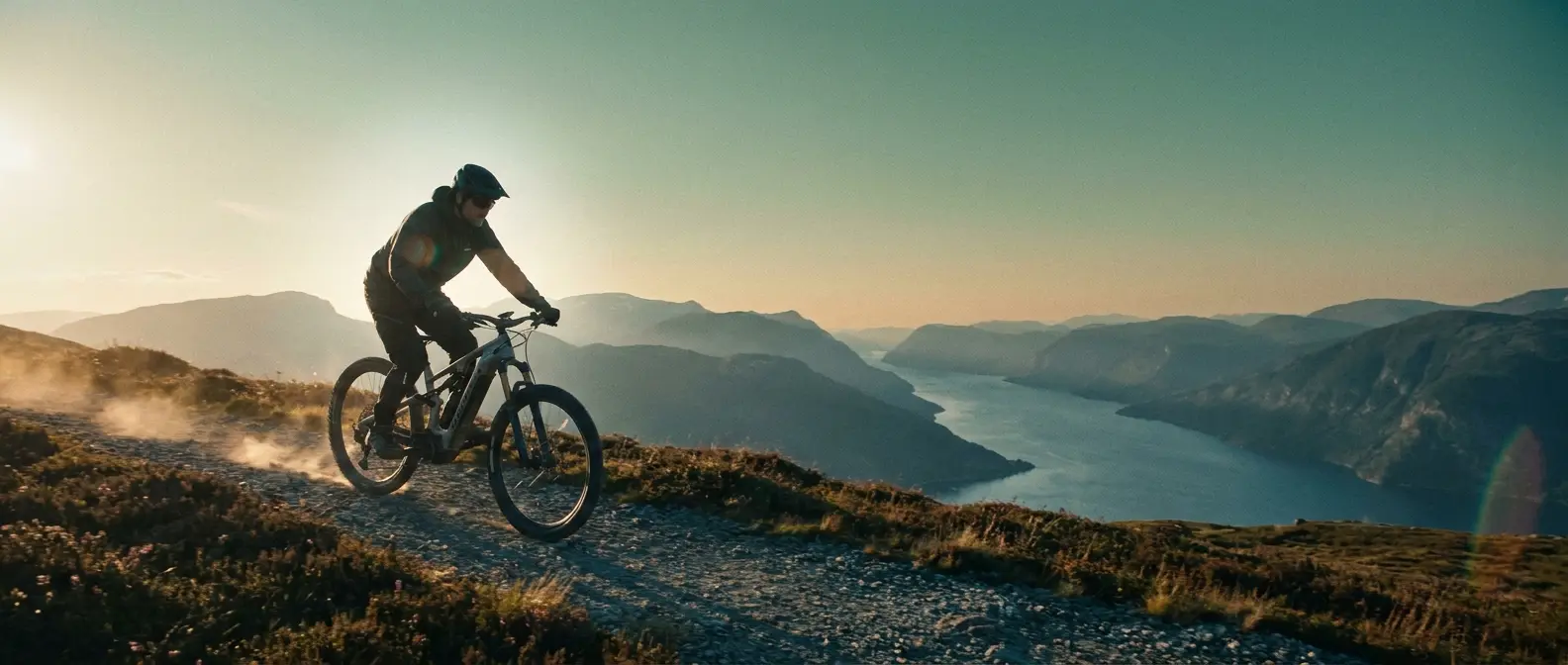 En elsyklist på en grusvei over en norsk fjord