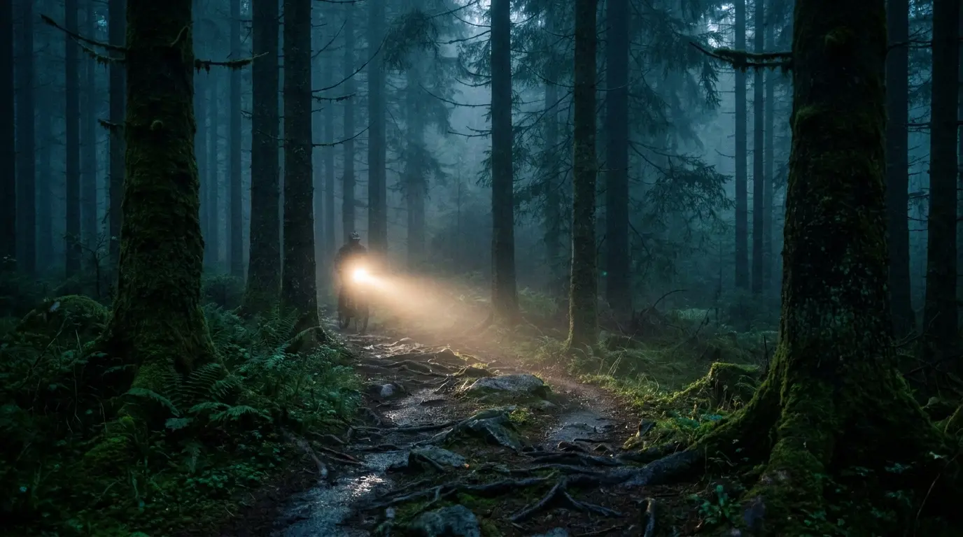 En elsykkellykt lyser opp en skogssti i skumringen