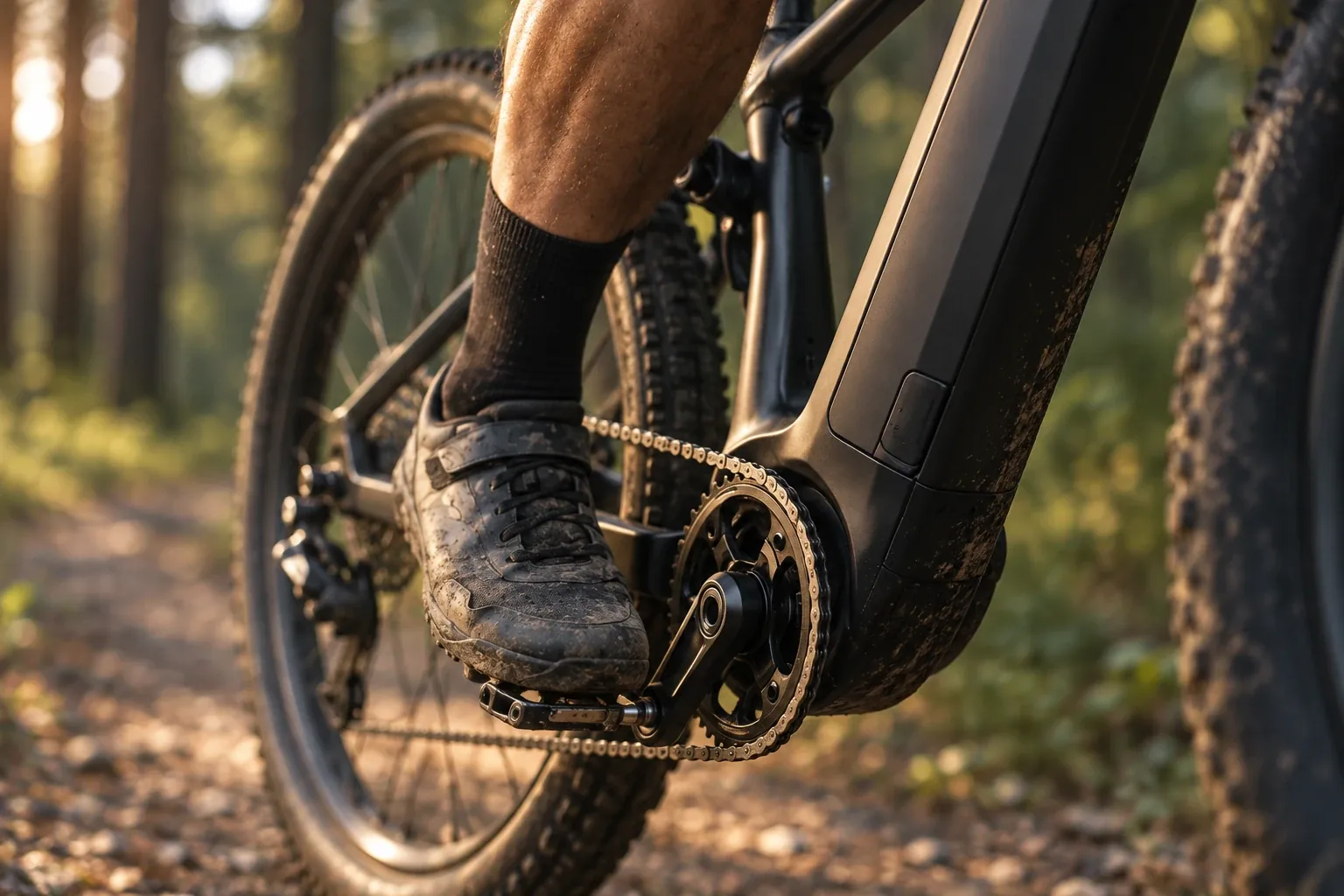 En syklist tråkker ned pedalen på en elsykkel